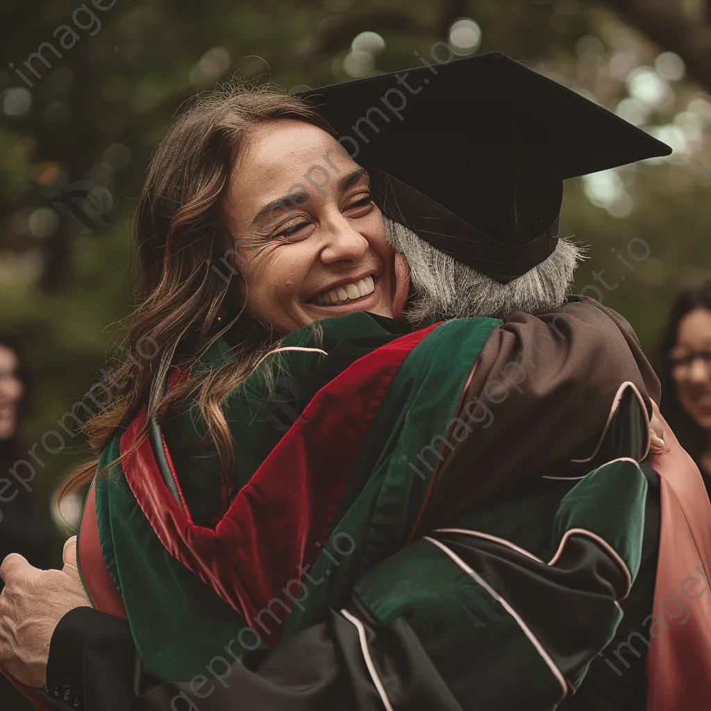 Graduate embracing their professor in a post-ceremony hug - Image 1