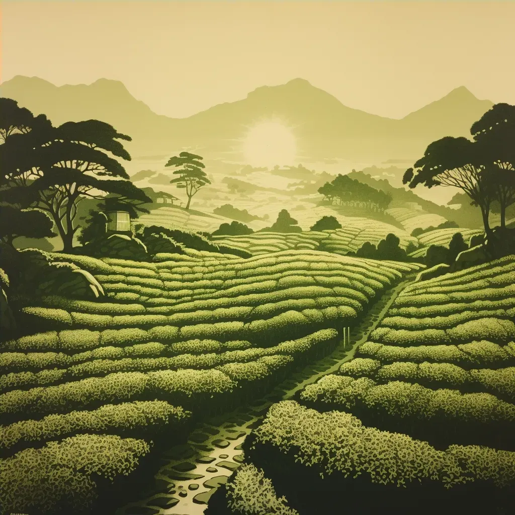 Misty morning tea plantation with rising sun - Image 4