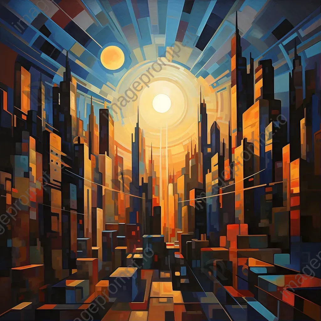 Cubist painting of a futuristic, solar-powered cityscape at dusk - Image 1