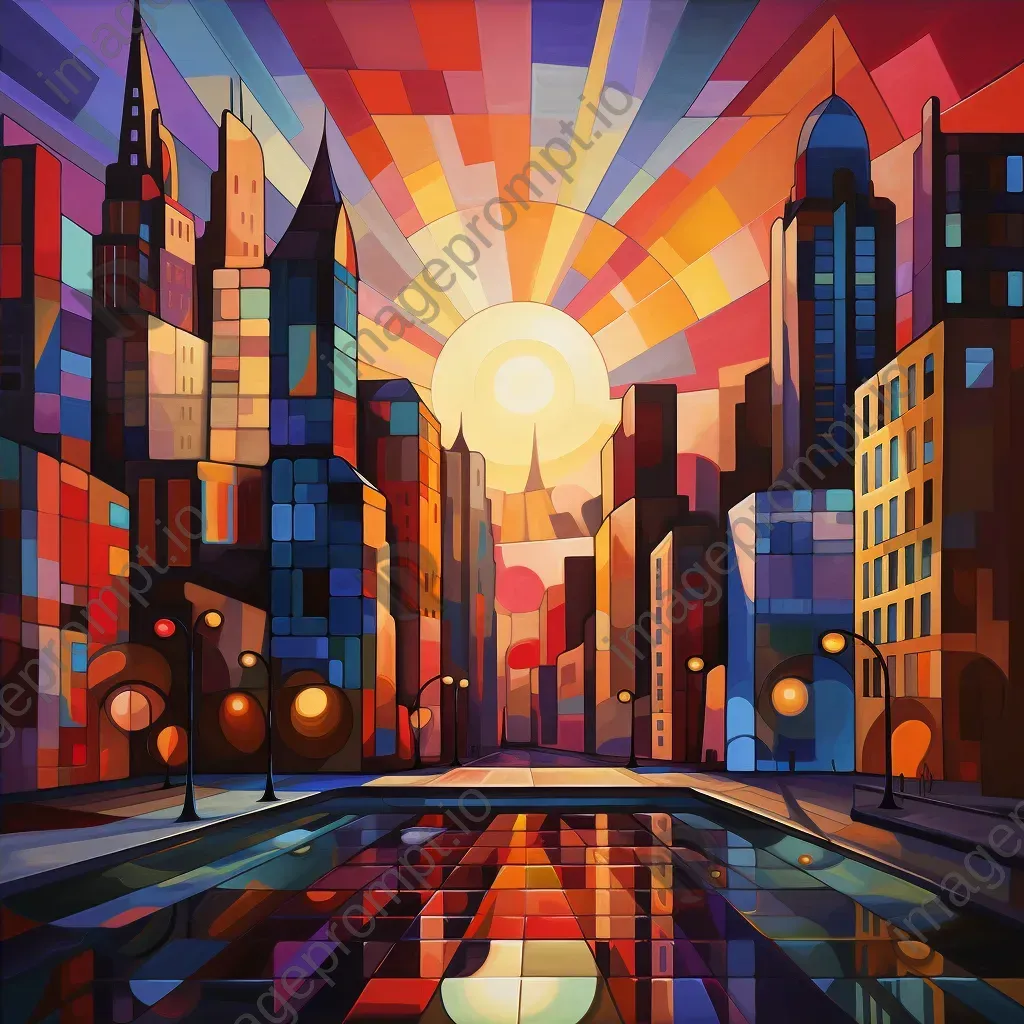 Cubist painting of a futuristic, solar-powered cityscape at dusk - Image 4