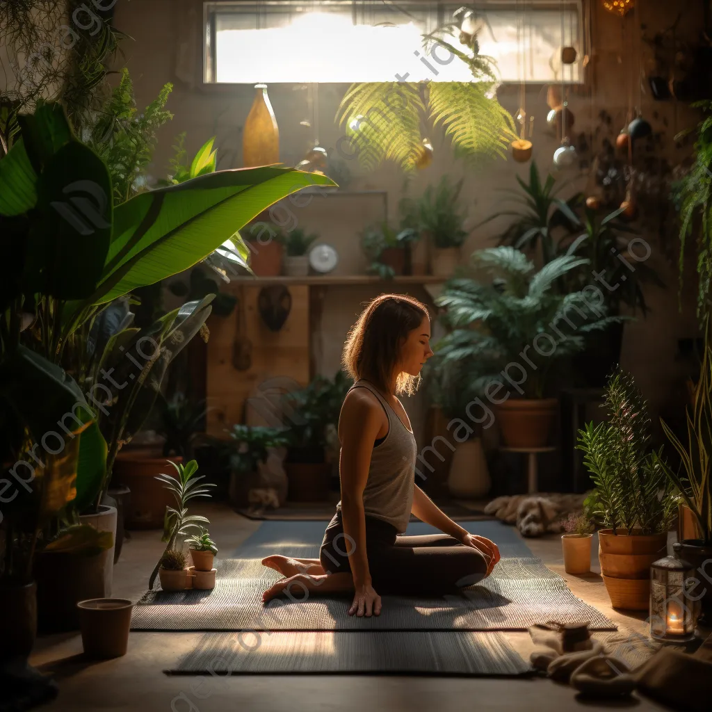 Person practicing downward dog in a cozy home - Image 2