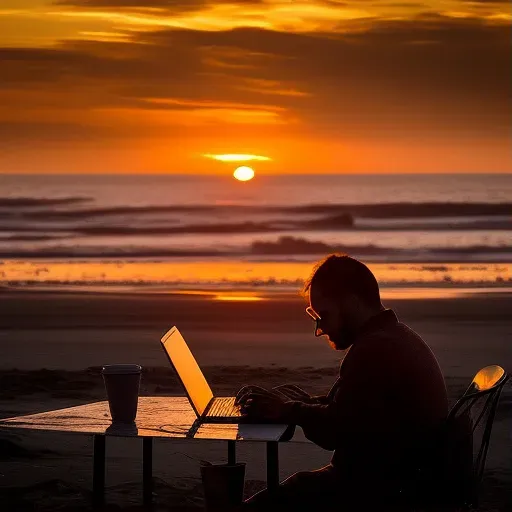 Digital nomad working on a laptop from a serene beach at sunset - Image 1