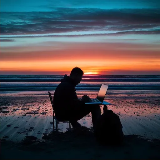 Digital nomad working on a laptop from a serene beach at sunset - Image 2