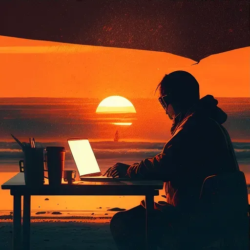 Digital nomad working on a laptop from a serene beach at sunset - Image 3