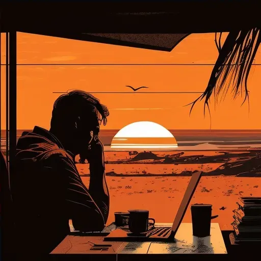 Digital nomad working on a laptop from a serene beach at sunset - Image 4