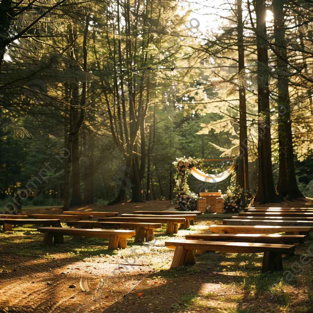 Outdoor wedding ceremony in a forest with floral altar. - Image 1