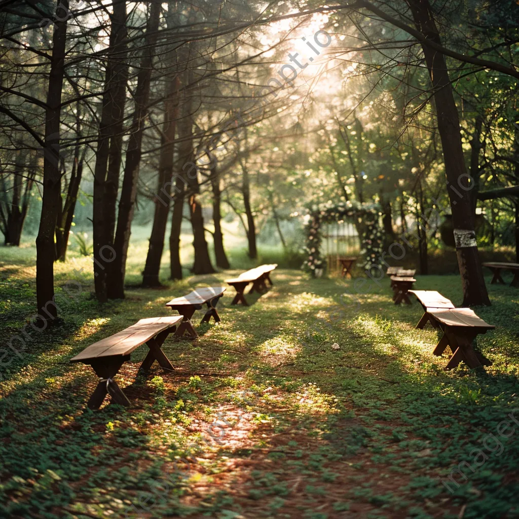 Outdoor wedding ceremony in a forest with floral altar. - Image 3