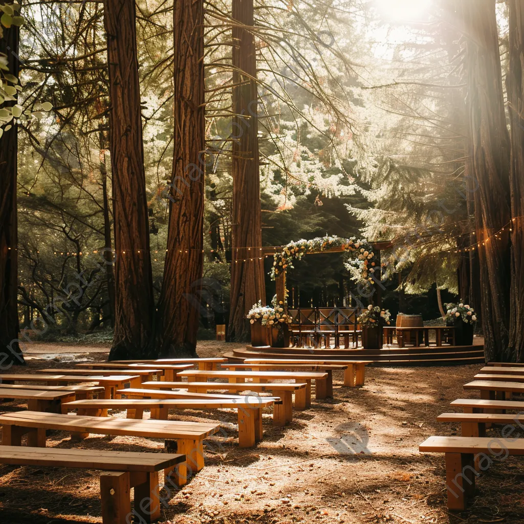 Outdoor wedding ceremony in a forest with floral altar. - Image 4