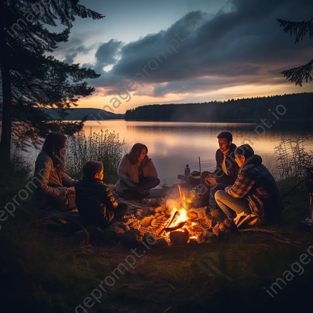 A family camping by a lake at dusk - Image 1