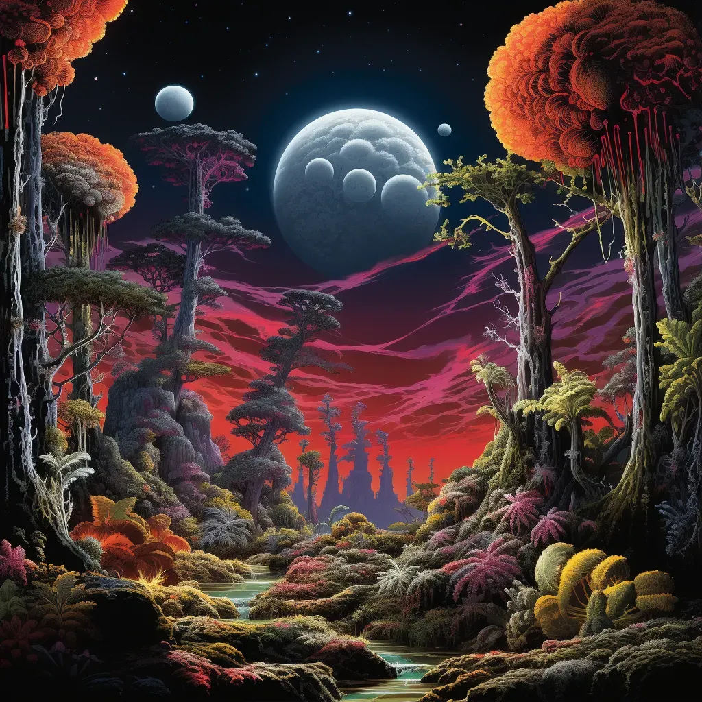 Illustration of an alien landscape with towering neon-colored vegetation under a bright, two-moon sky - Image 1