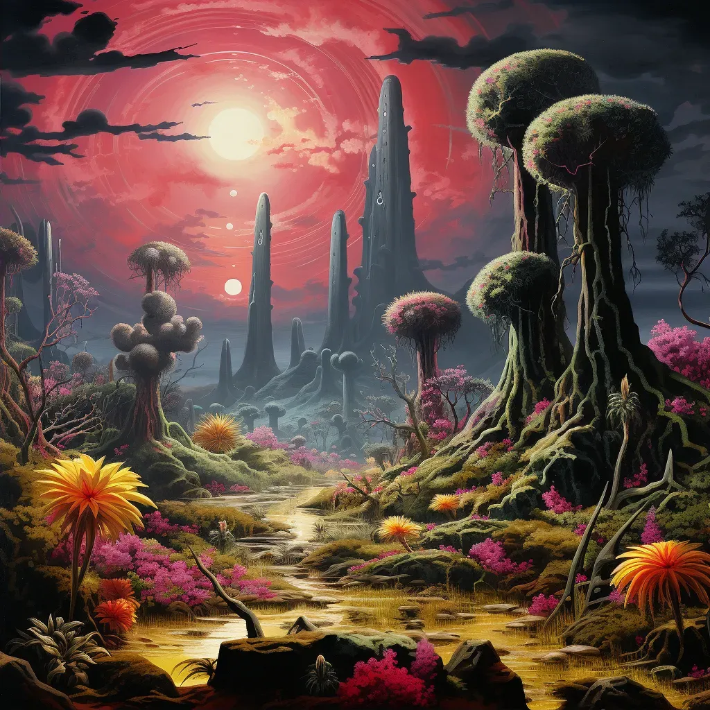 Illustration of an alien landscape with towering neon-colored vegetation under a bright, two-moon sky - Image 2