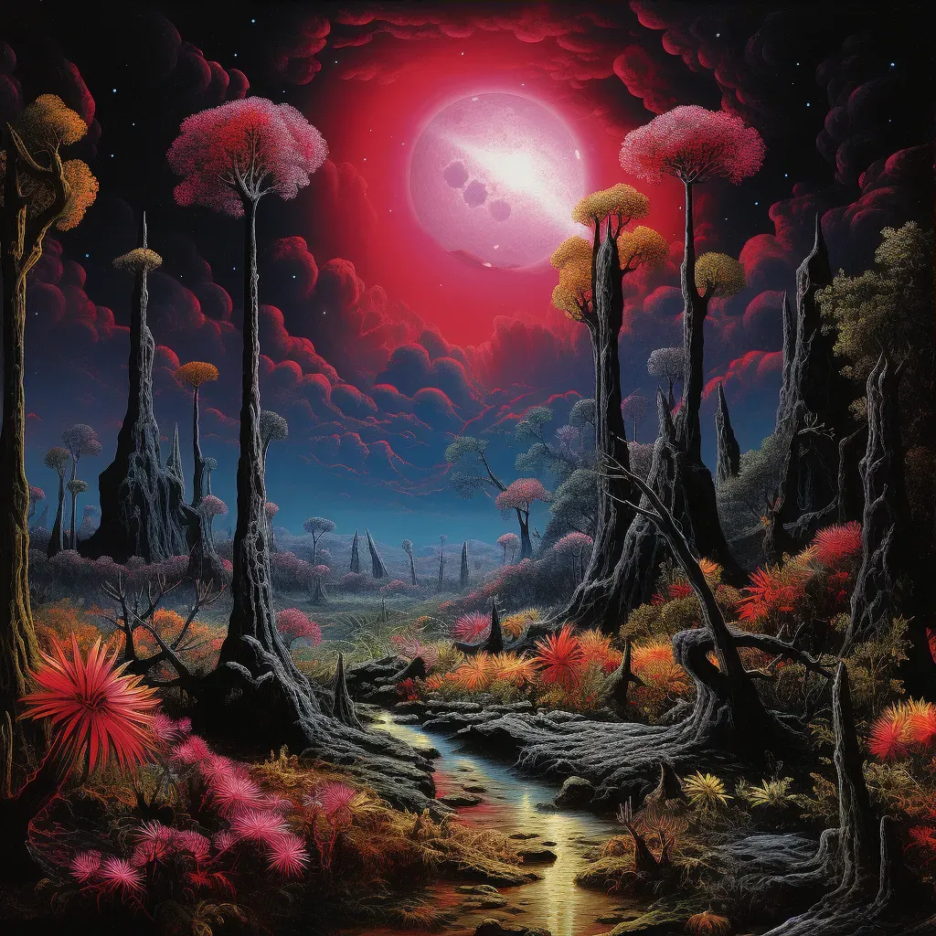 Illustration of an alien landscape with towering neon-colored vegetation under a bright, two-moon sky - Image 3