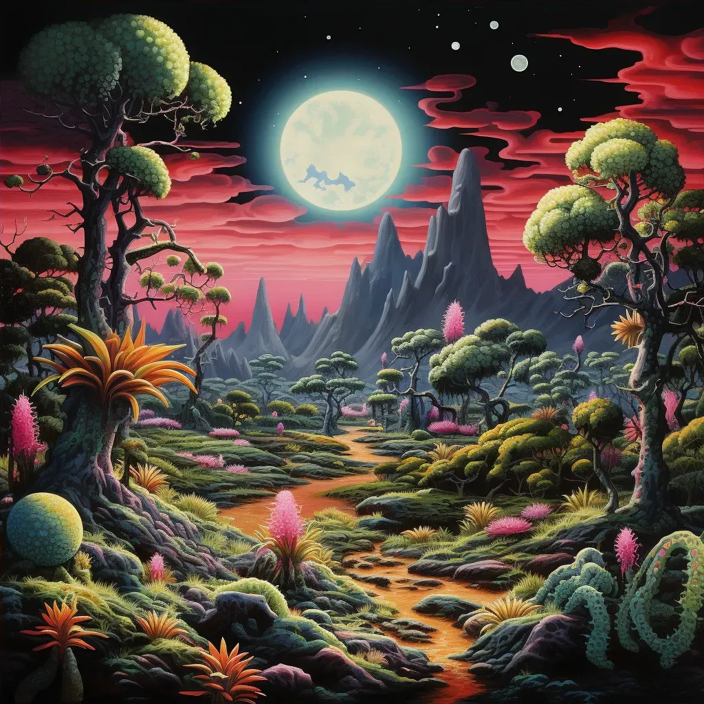 Illustration of an alien landscape with towering neon-colored vegetation under a bright, two-moon sky - Image 4