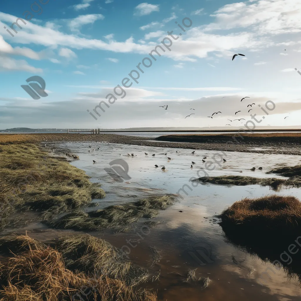 Wide view of high tide in coastal estuary - Image 1