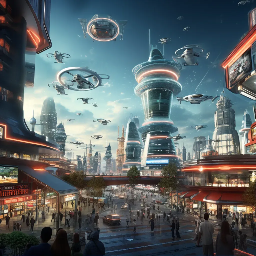 Futuristic city skyline with drones buzzing around and digital billboards - Image 1