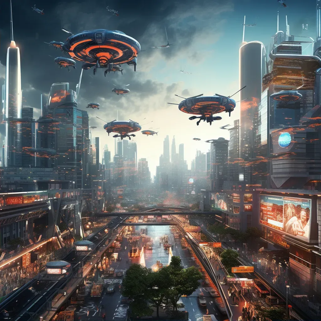 Futuristic city skyline with drones buzzing around and digital billboards - Image 2