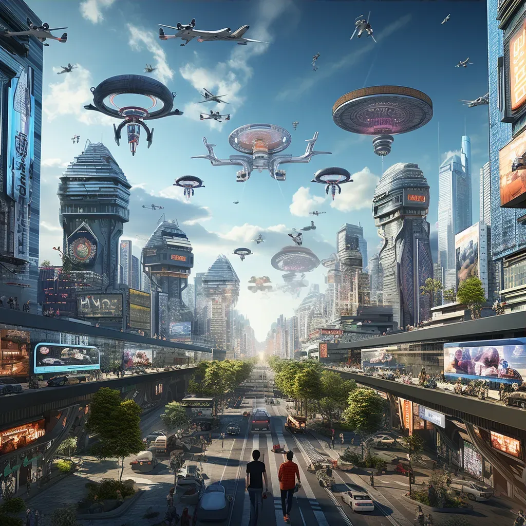 Futuristic city skyline with drones buzzing around and digital billboards - Image 3