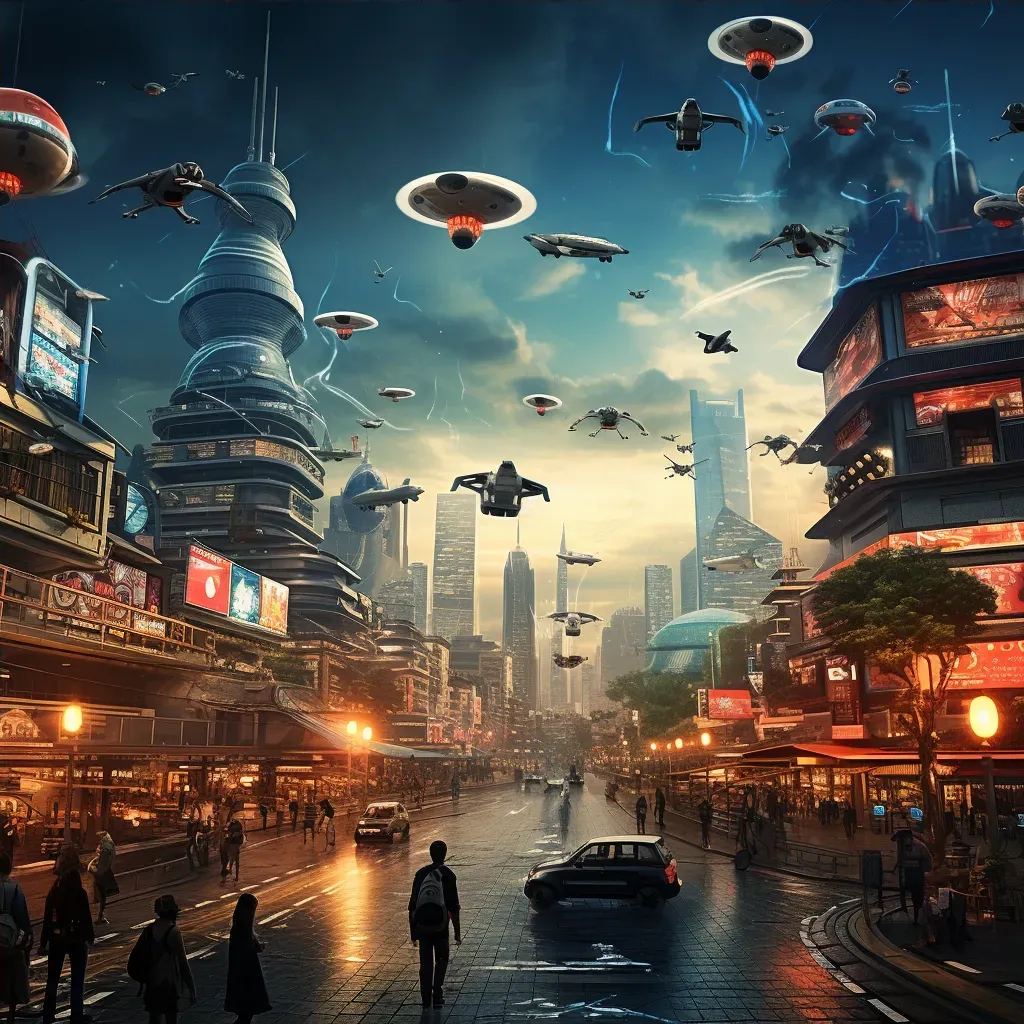 Futuristic city skyline with drones buzzing around and digital billboards - Image 4