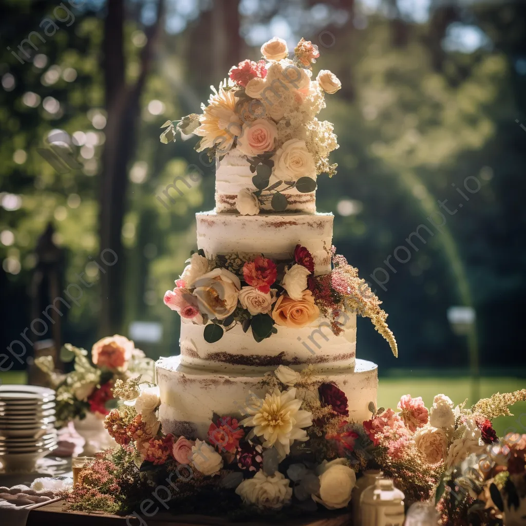 Multi-tiered wedding cake with fresh flowers - Image 1