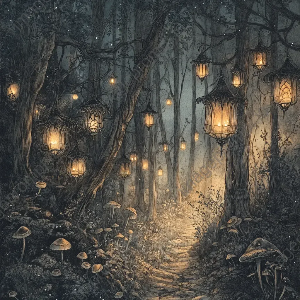 Detailed ink portrayal of mystical sprites in a lantern-lit forest with glowing mushrooms - Image 1