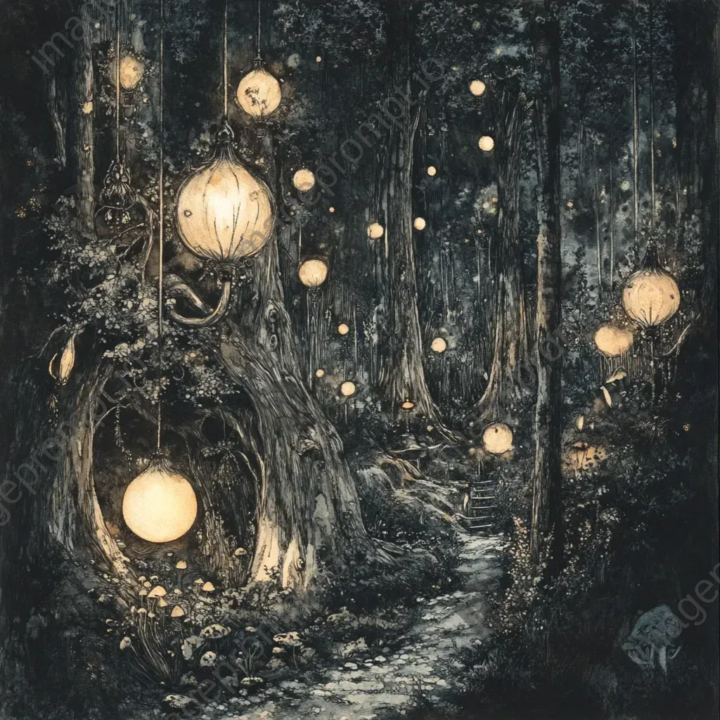 Detailed ink portrayal of mystical sprites in a lantern-lit forest with glowing mushrooms - Image 2