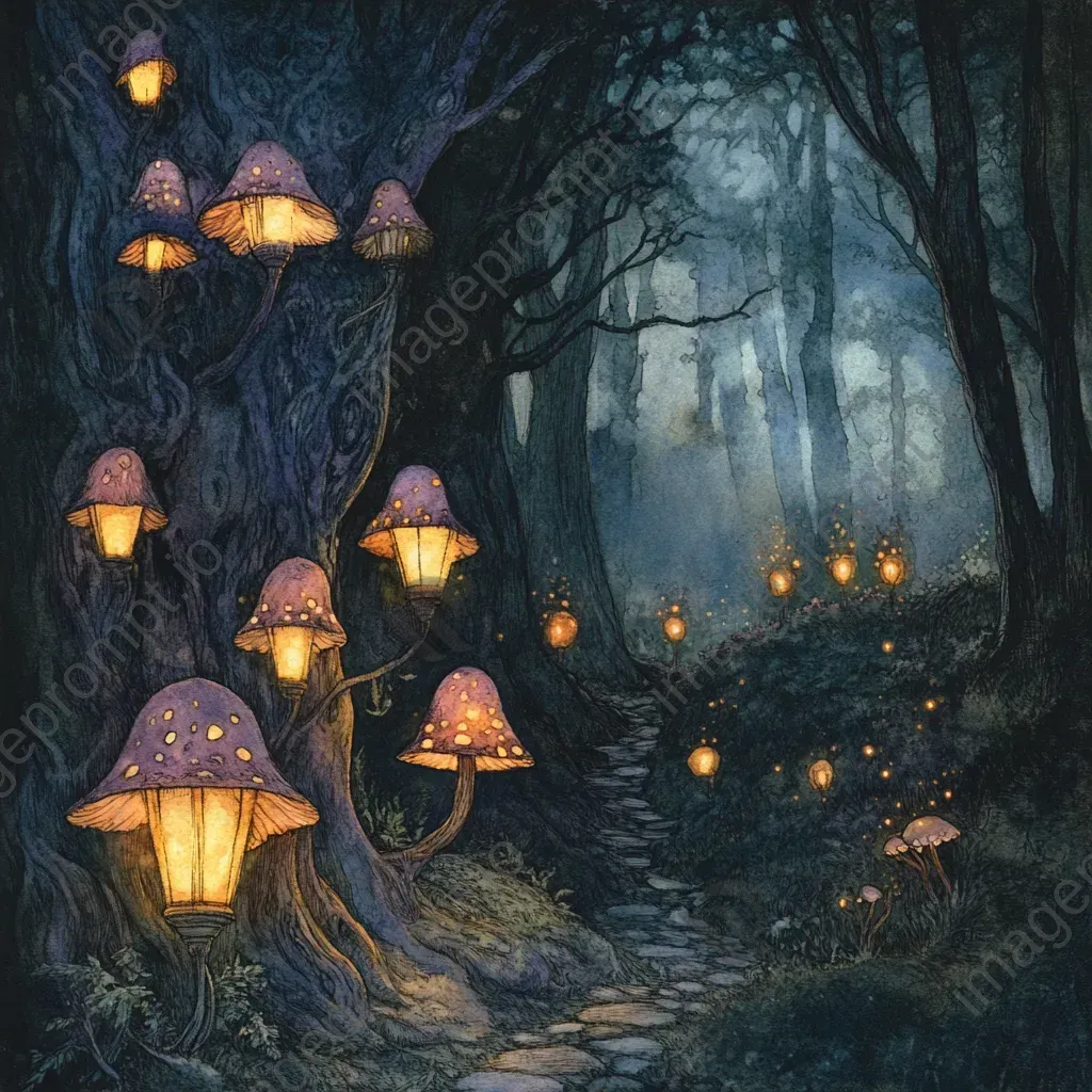 Detailed ink portrayal of mystical sprites in a lantern-lit forest with glowing mushrooms - Image 3