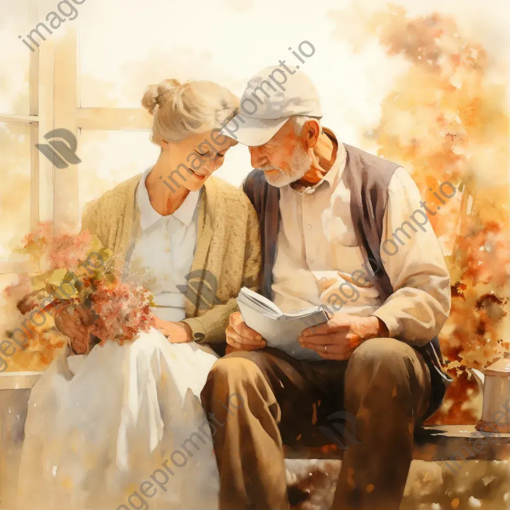 Watercolor painting of ageing couple nostalgically looking at old photos - Image 1