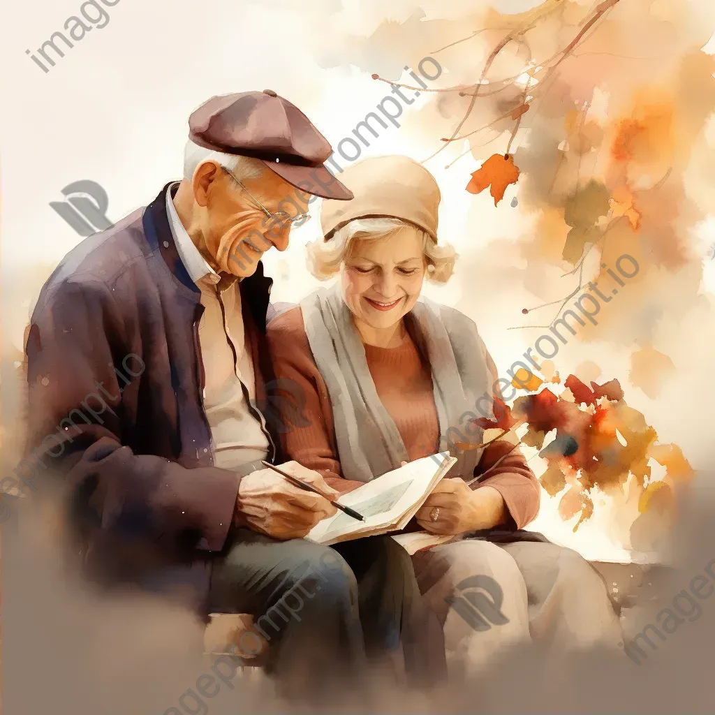 Watercolor painting of ageing couple nostalgically looking at old photos - Image 2