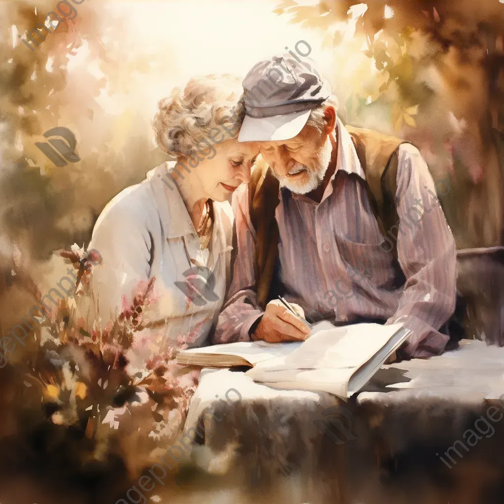 Watercolor painting of ageing couple nostalgically looking at old photos - Image 3