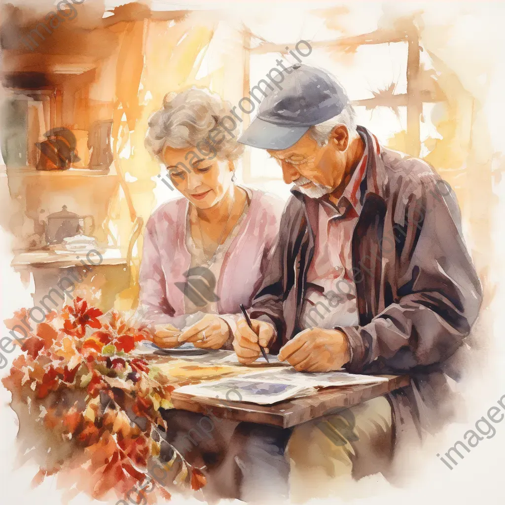 Watercolor painting of ageing couple nostalgically looking at old photos - Image 4