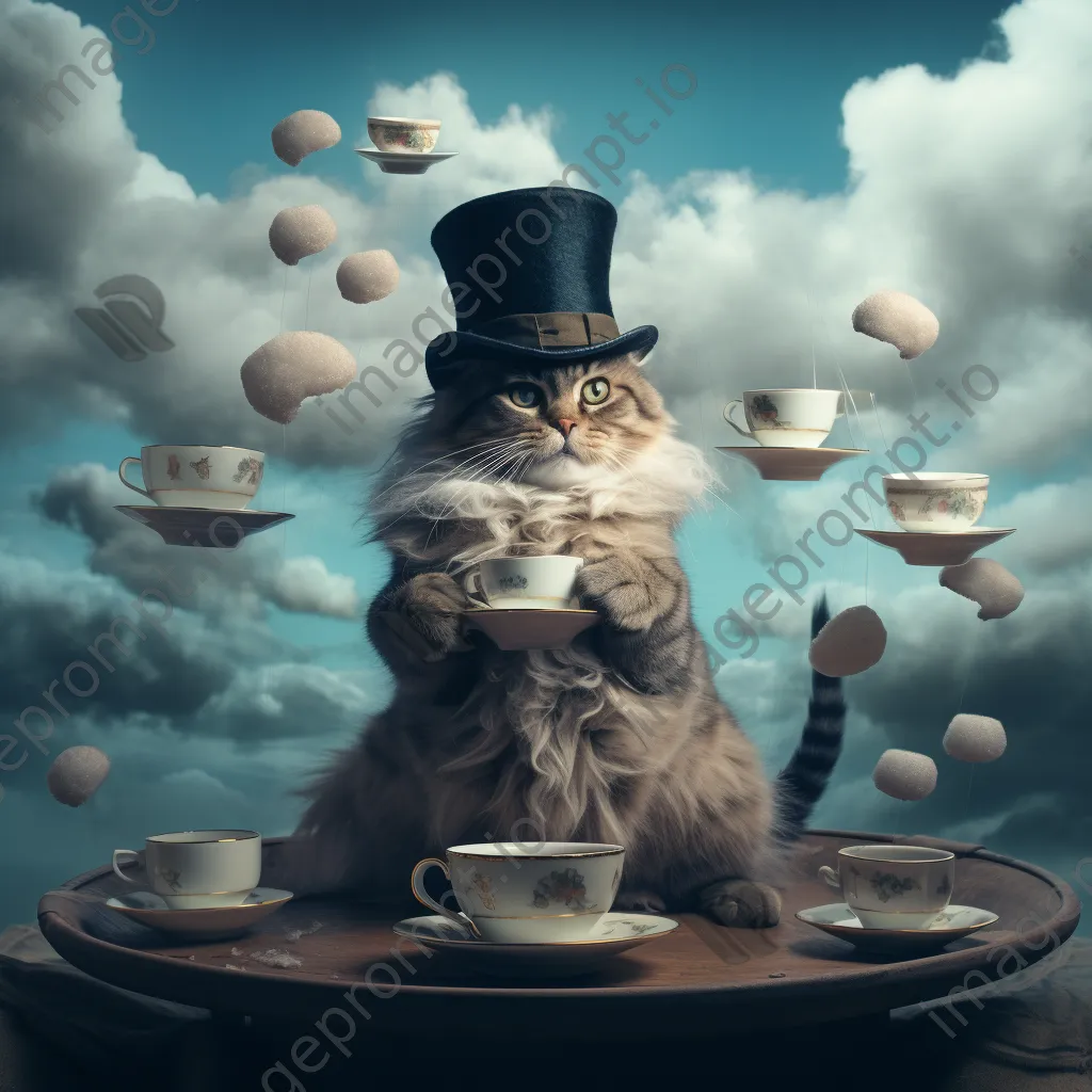 A cat in a top hat and monocle sitting on a floating cloud with scattered teacups. - Image 1