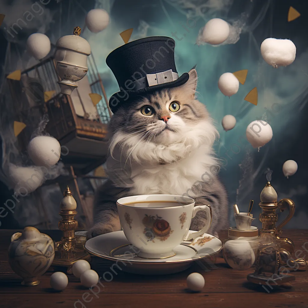 A cat in a top hat and monocle sitting on a floating cloud with scattered teacups. - Image 2