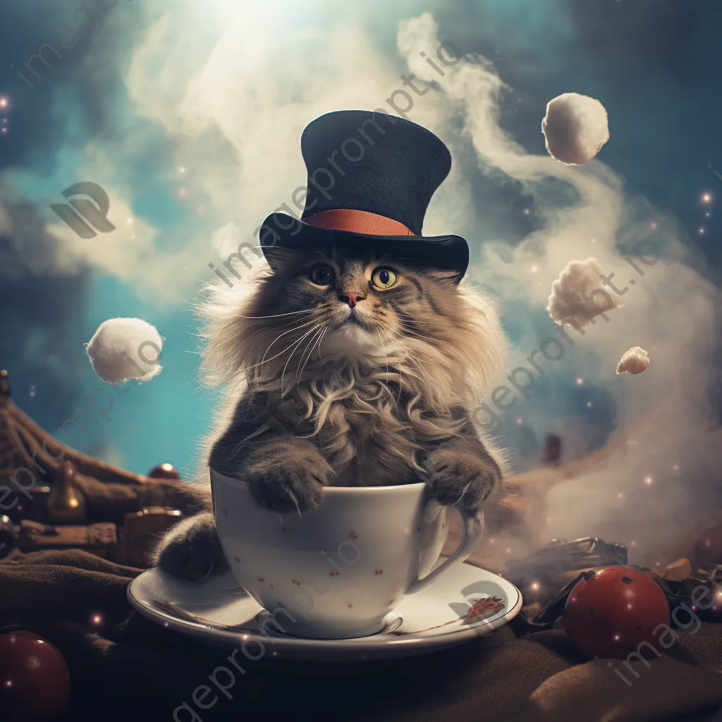 A cat in a top hat and monocle sitting on a floating cloud with scattered teacups. - Image 3