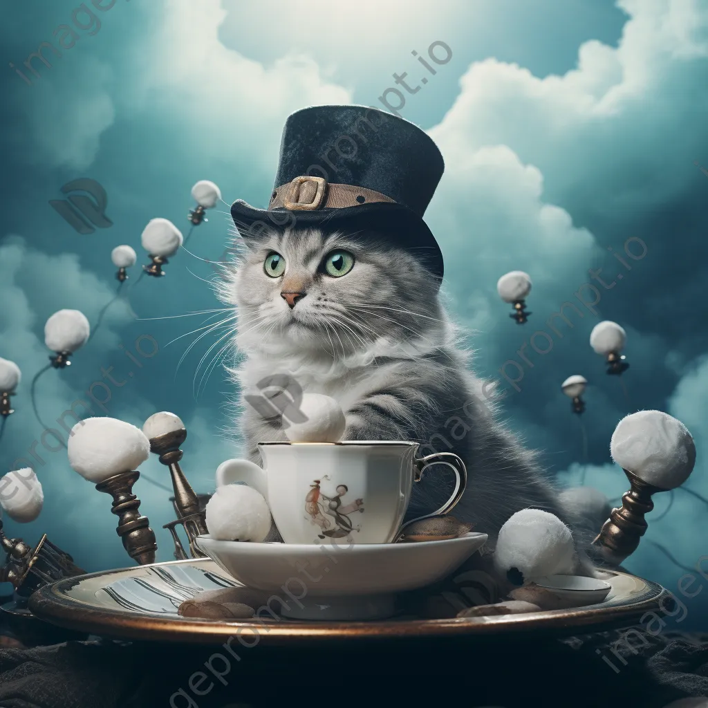 A cat in a top hat and monocle sitting on a floating cloud with scattered teacups. - Image 4