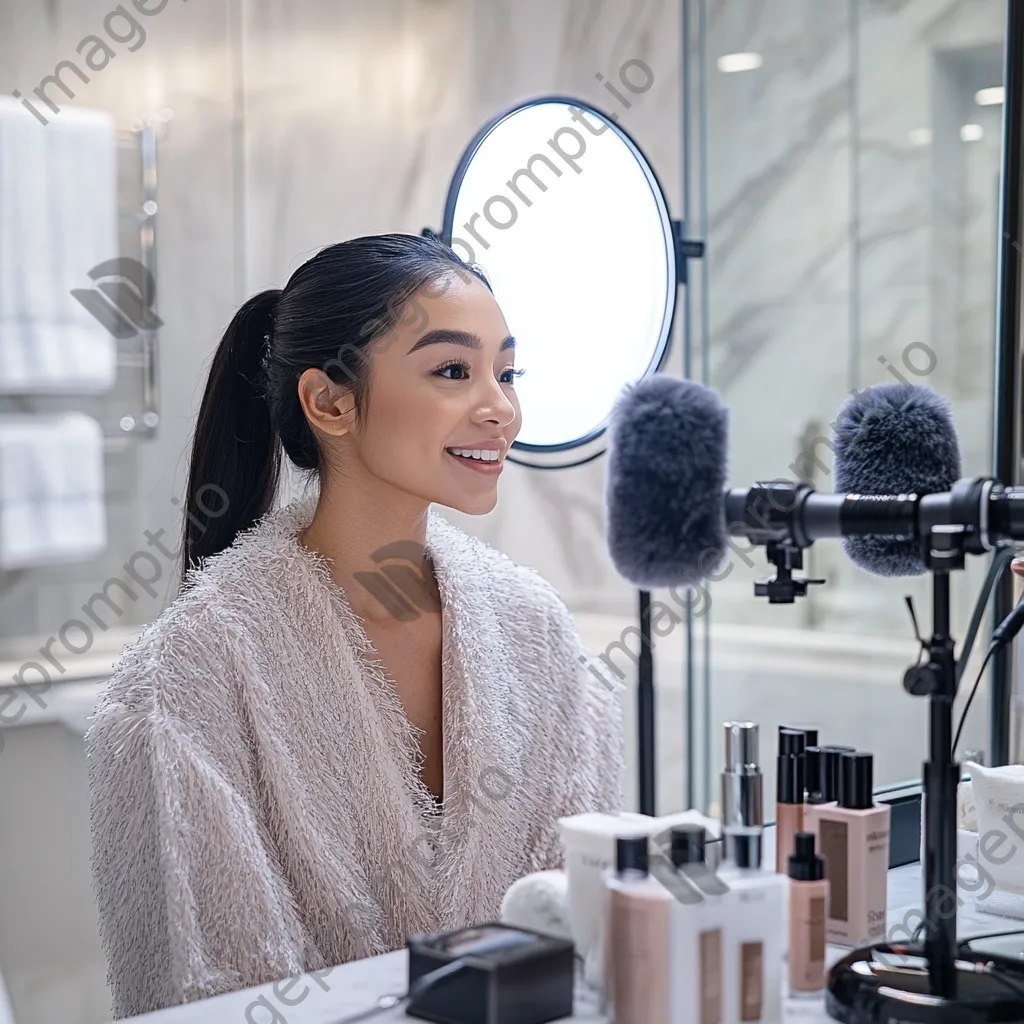 Influencer conducting a live makeup tutorial in a stylish bathroom - Image 1