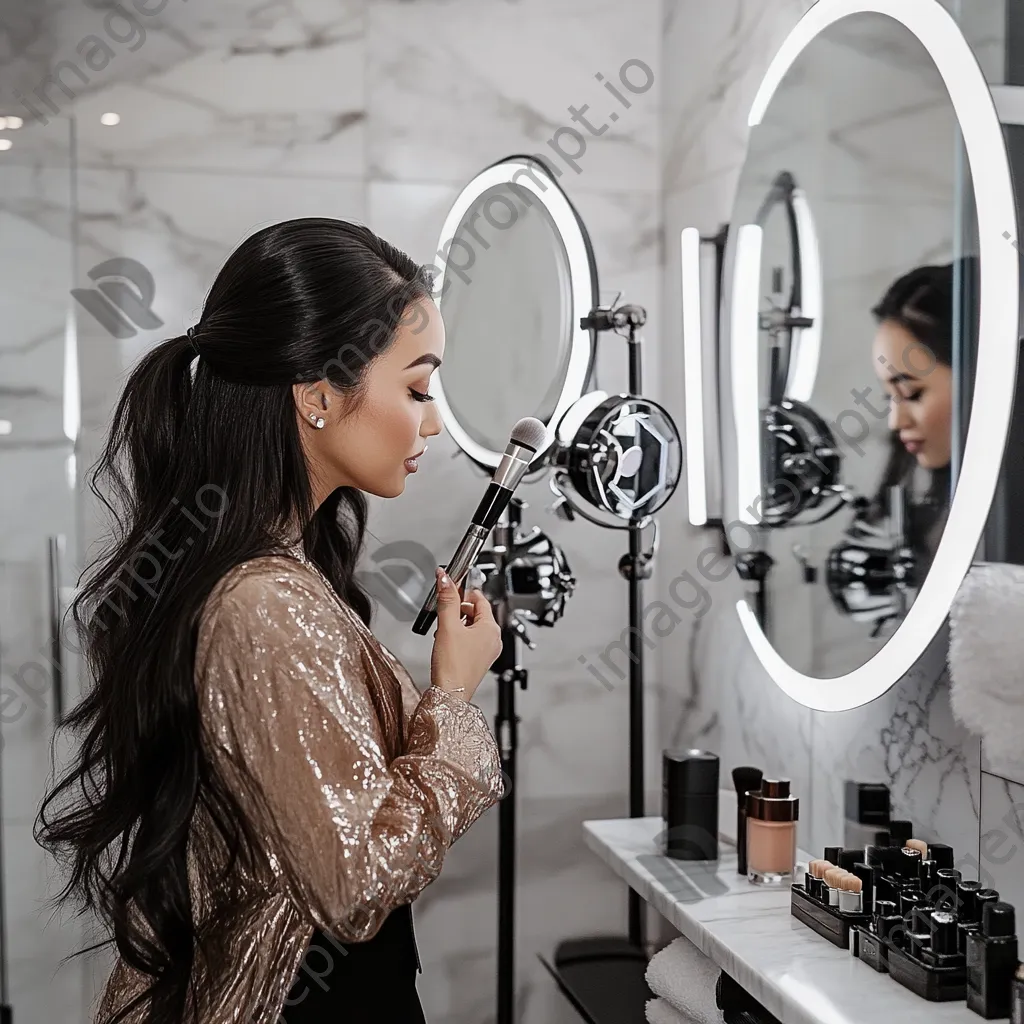 Influencer conducting a live makeup tutorial in a stylish bathroom - Image 4