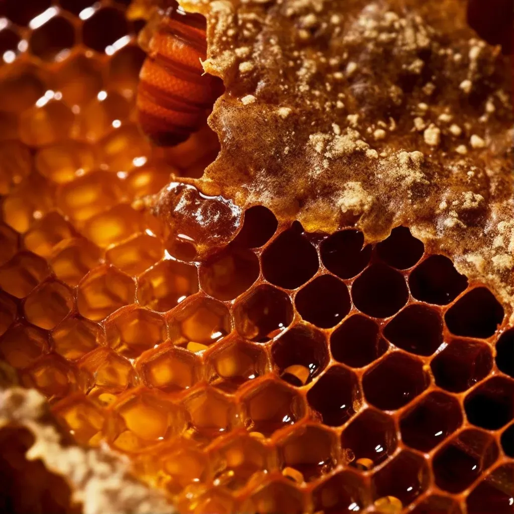 Extreme close-up of crystallized honey on a honeycomb - Image 1