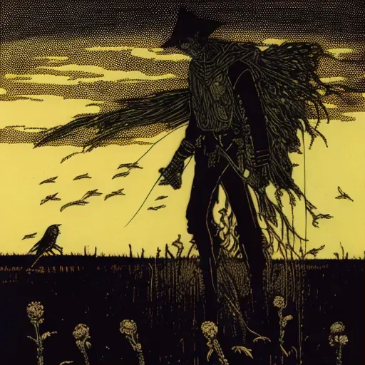 Farmer guarding crops from locust swarm with scarecrow in field - Image 1