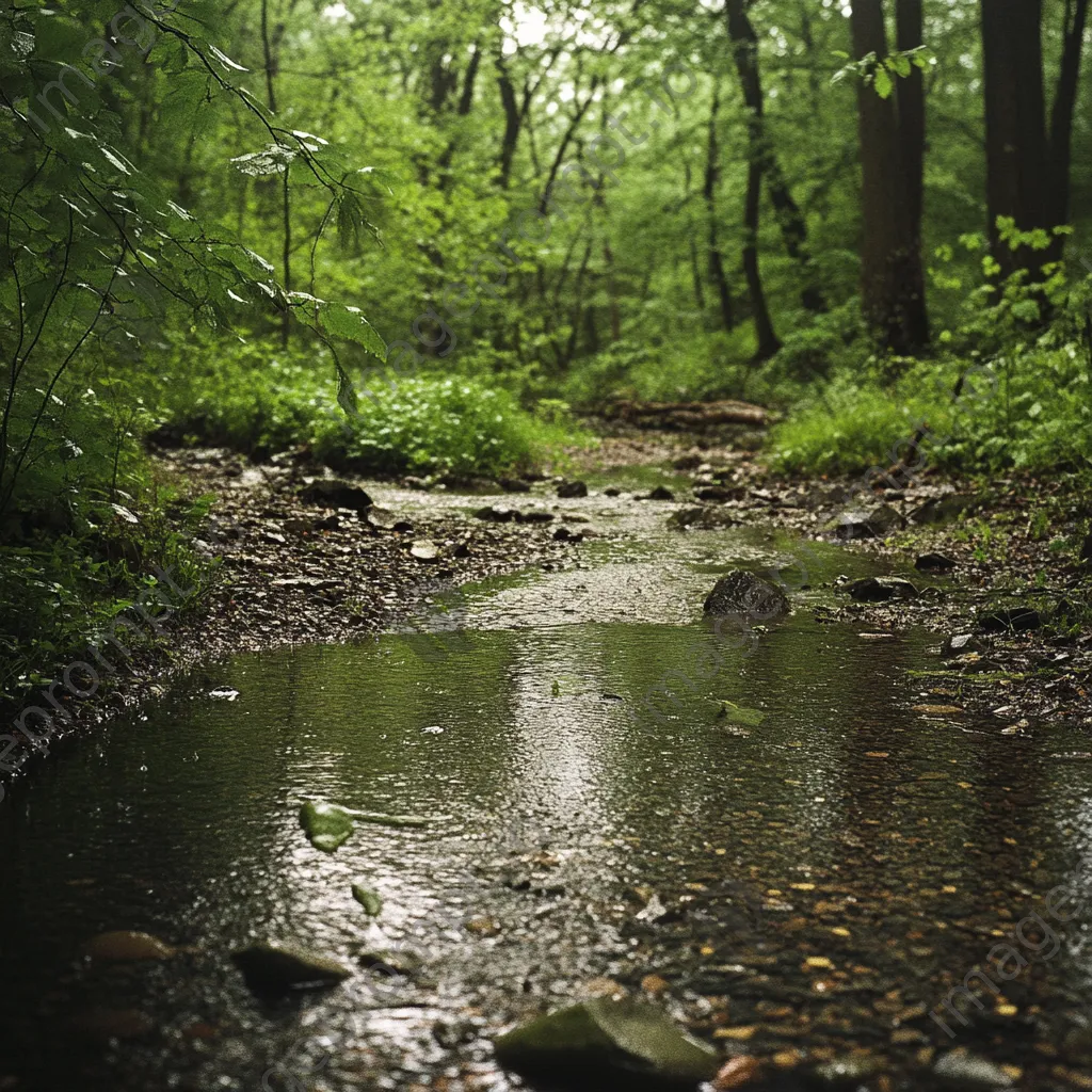 Woodland clearing during a gentle rain with a nearby stream. - Image 1