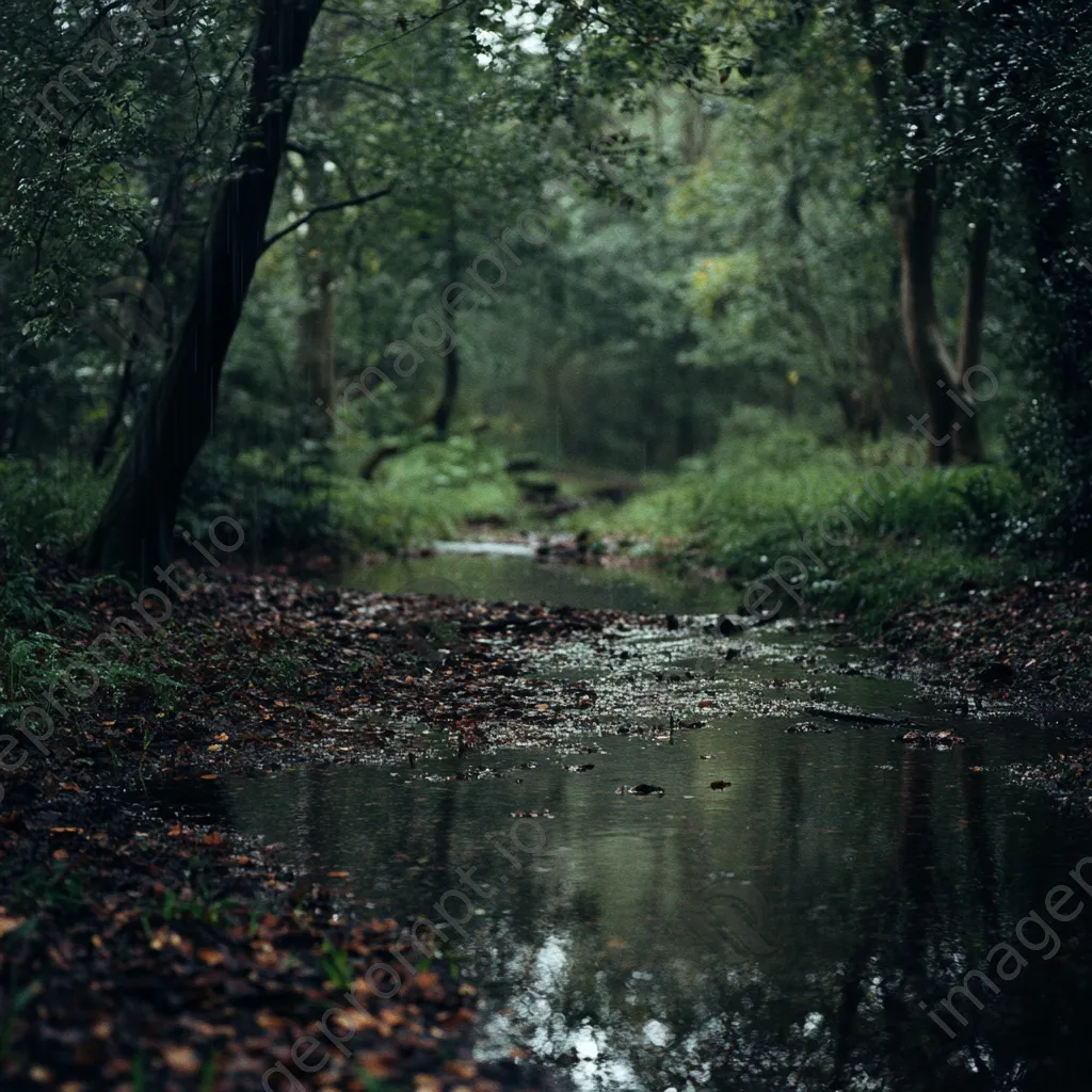 Woodland clearing during a gentle rain with a nearby stream. - Image 2