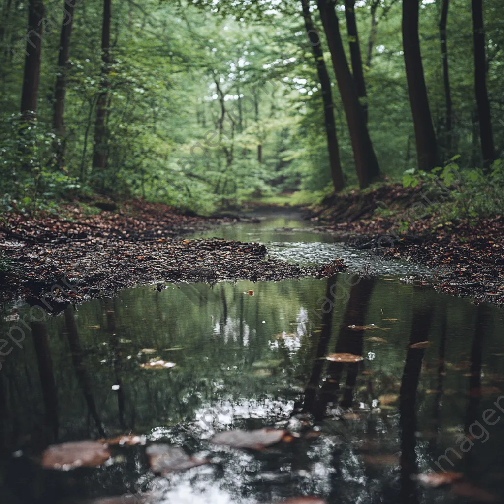 Woodland clearing during a gentle rain with a nearby stream. - Image 4