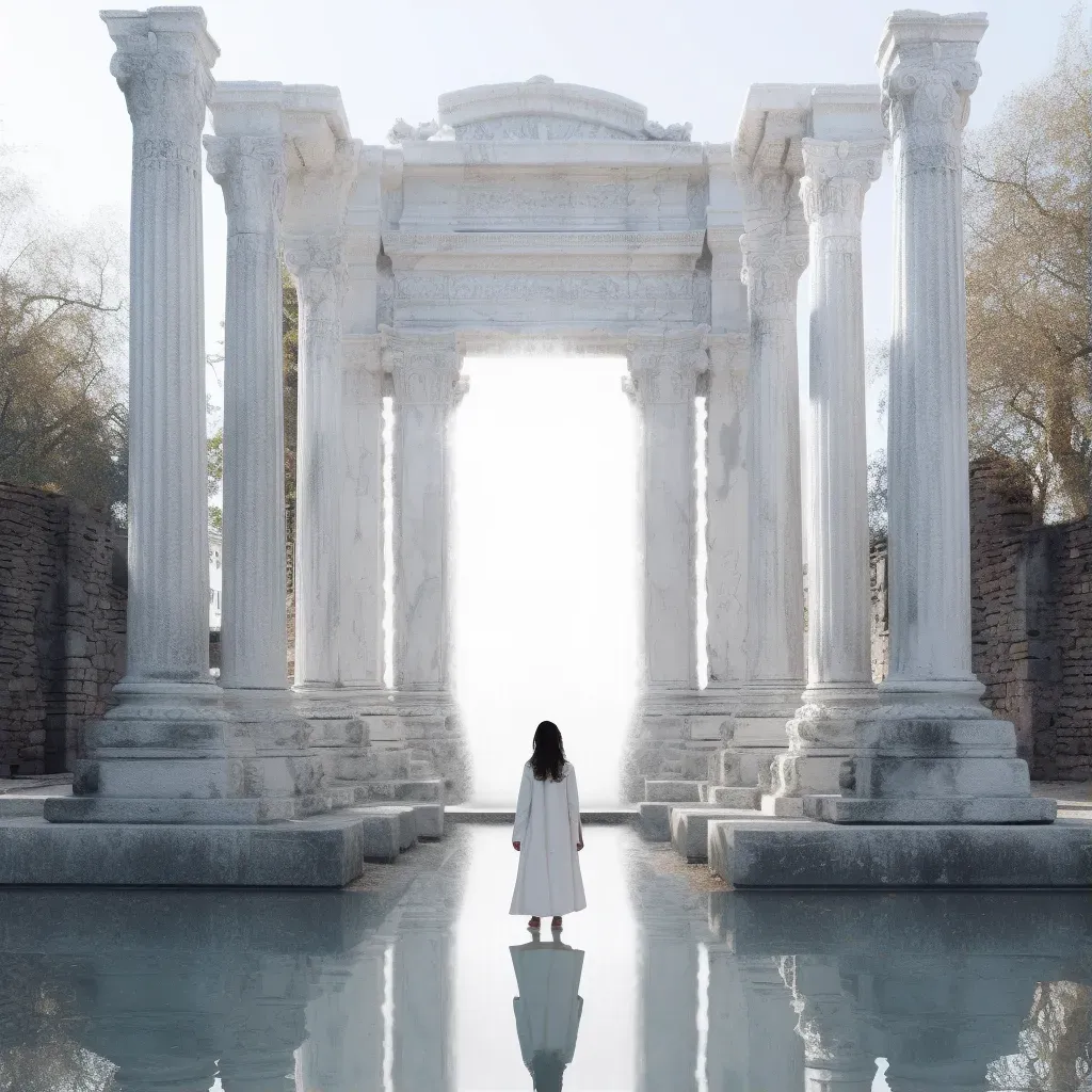 Woman standing in front of an ancient temple symbolizing spiritual wisdom - Image 1