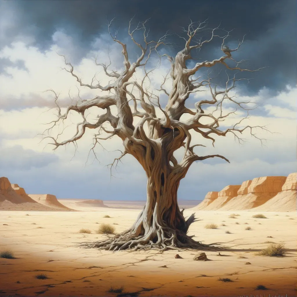 Illustration of a weathered ancient tree in a dry desert setting - Image 1