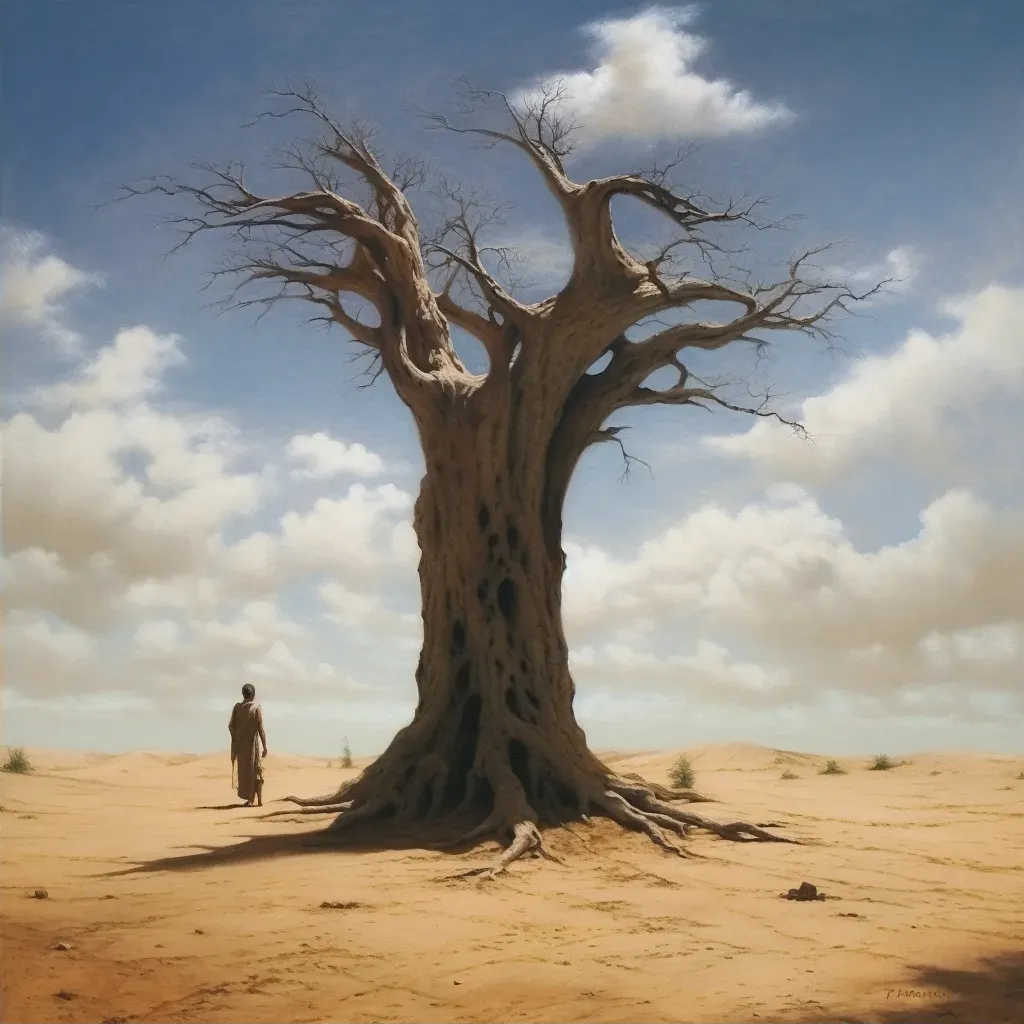 Illustration of a weathered ancient tree in a dry desert setting - Image 2