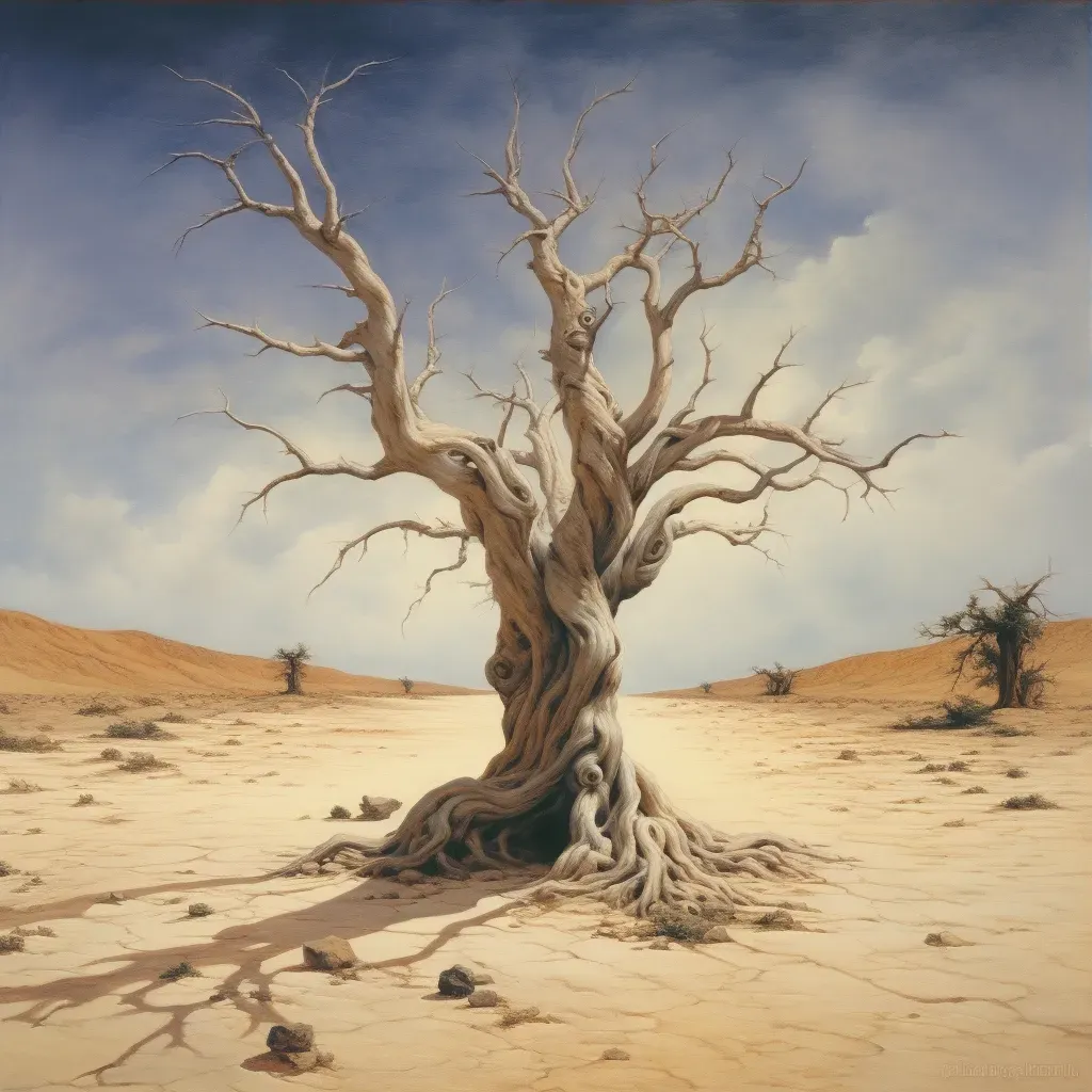 Illustration of a weathered ancient tree in a dry desert setting - Image 3