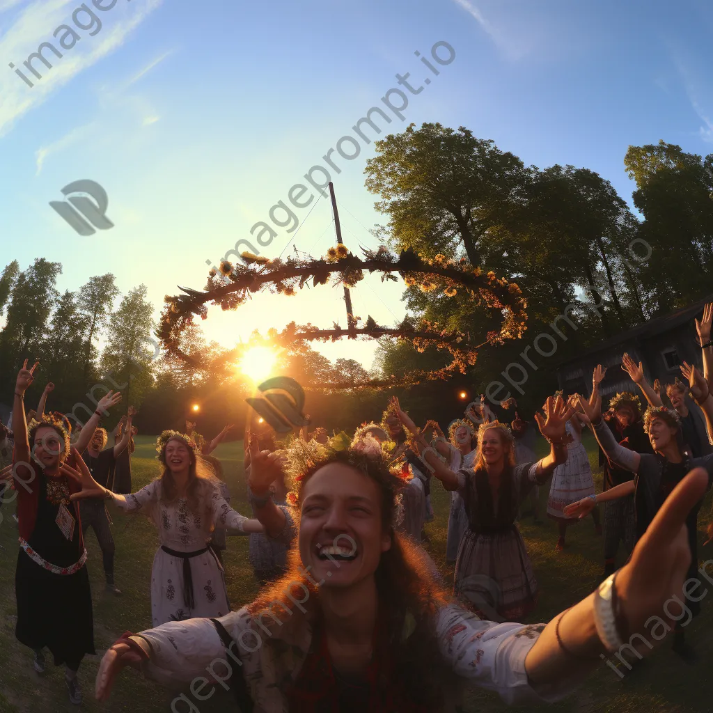 Participants celebrating summer solstice with bonfires and flower crowns. - Image 1