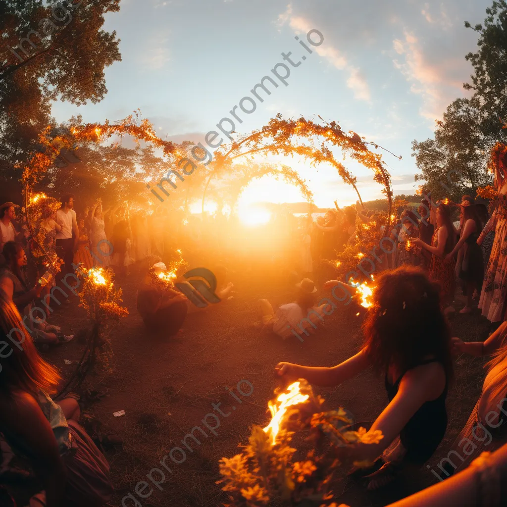 Participants celebrating summer solstice with bonfires and flower crowns. - Image 2