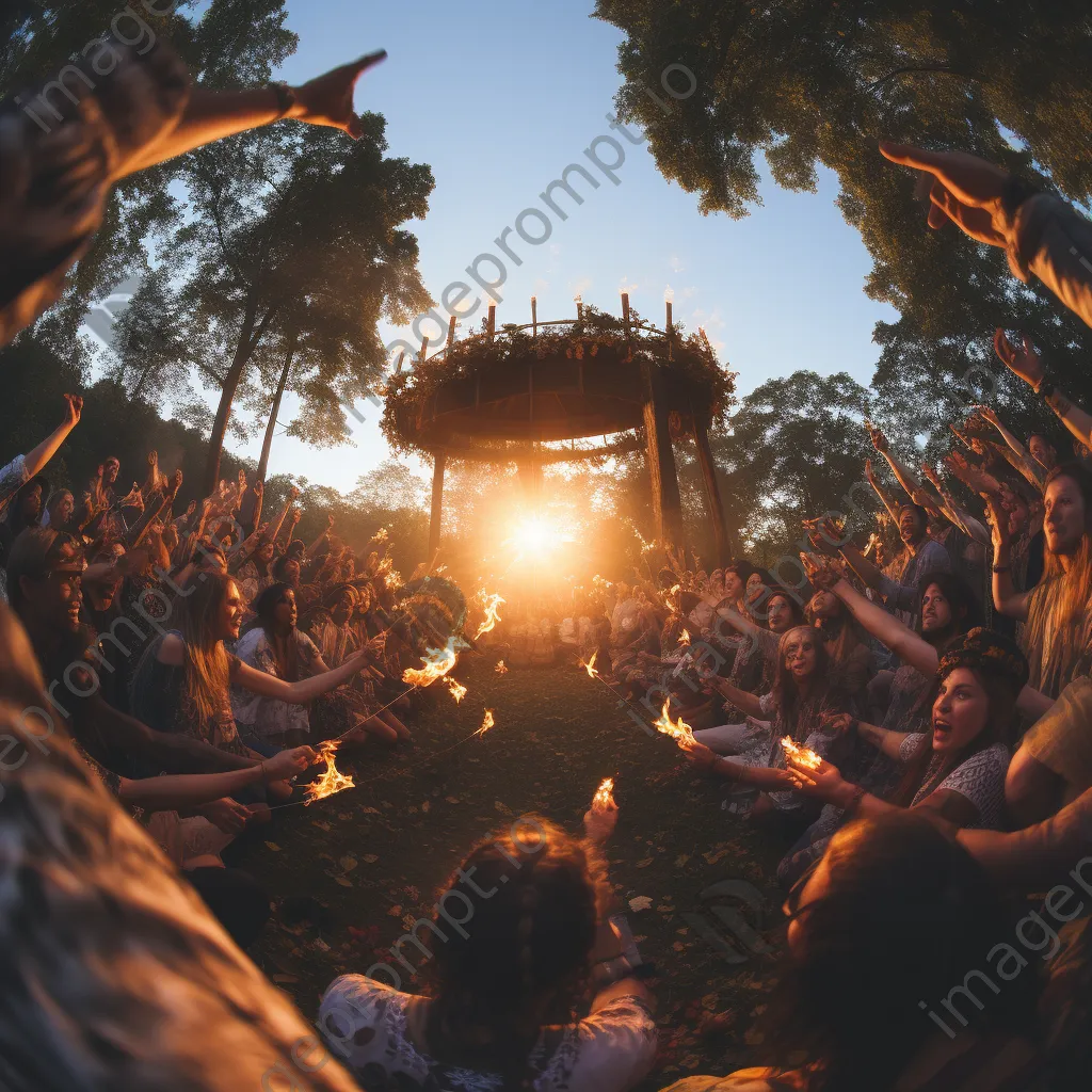 Participants celebrating summer solstice with bonfires and flower crowns. - Image 3