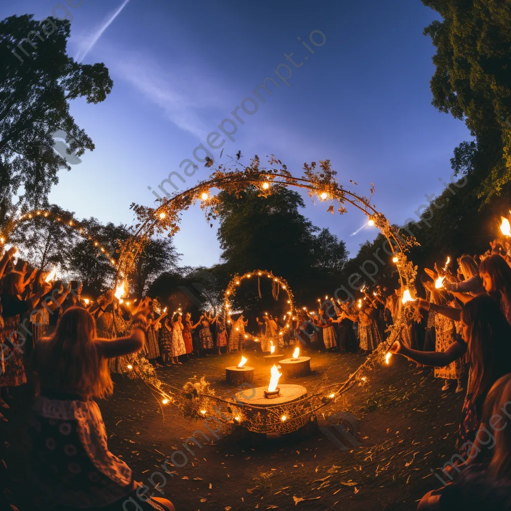 Participants celebrating summer solstice with bonfires and flower crowns. - Image 4