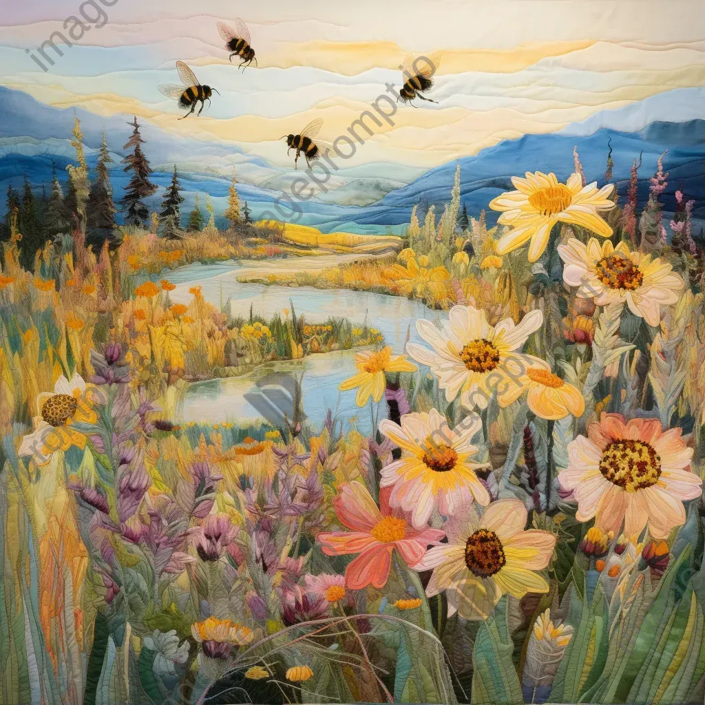 Eco-friendly textile depiction of a thriving bee colony with wildflowers, inspired by Impressionism - Image 1